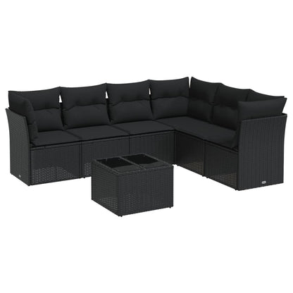 7-delige Loungeset met kussens poly rattan zwart 1 Zwart