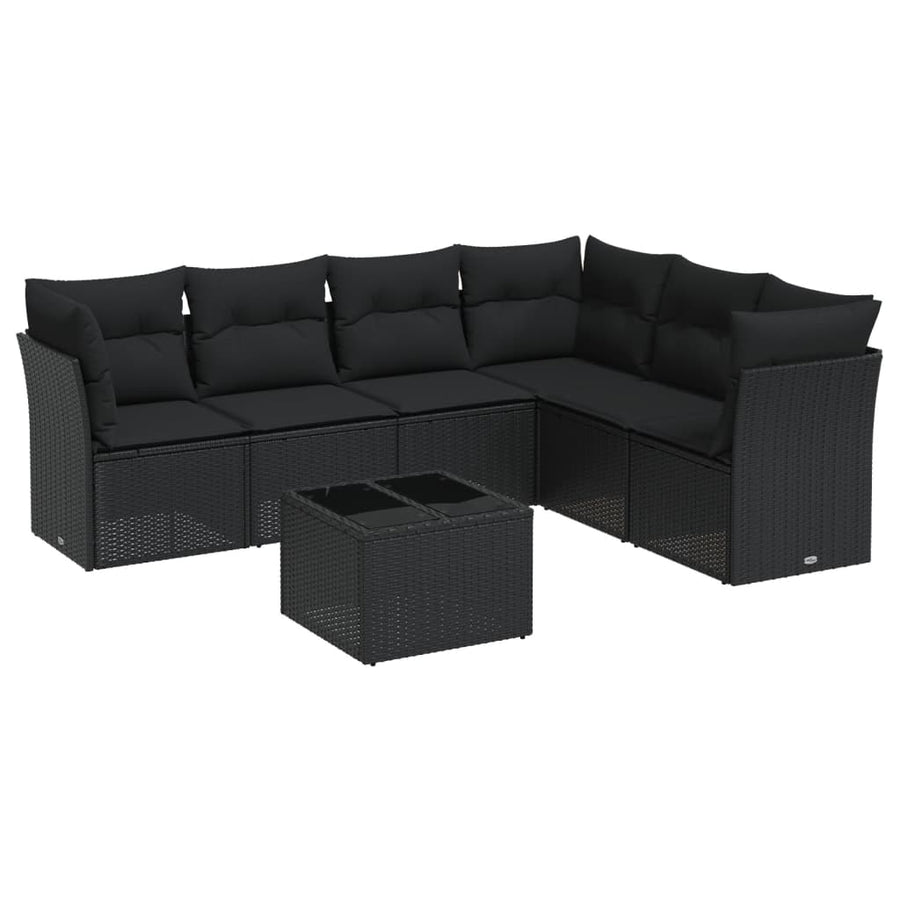 7-delige Loungeset met kussens poly rattan zwart 1 Zwart
