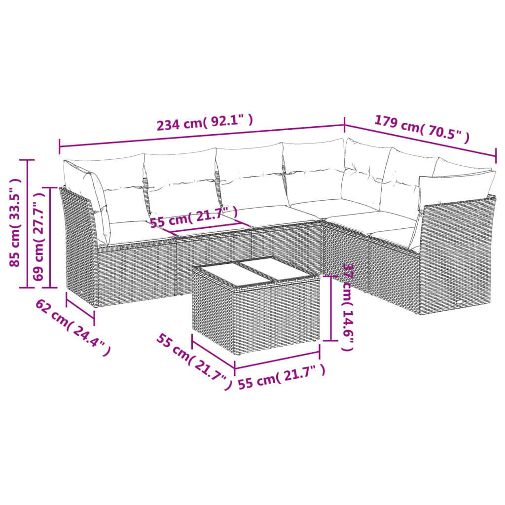 7-delige Loungeset met kussens poly rattan zwart 1 Zwart