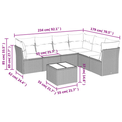 7-delige Loungeset met kussens poly rattan zwart 1 Zwart