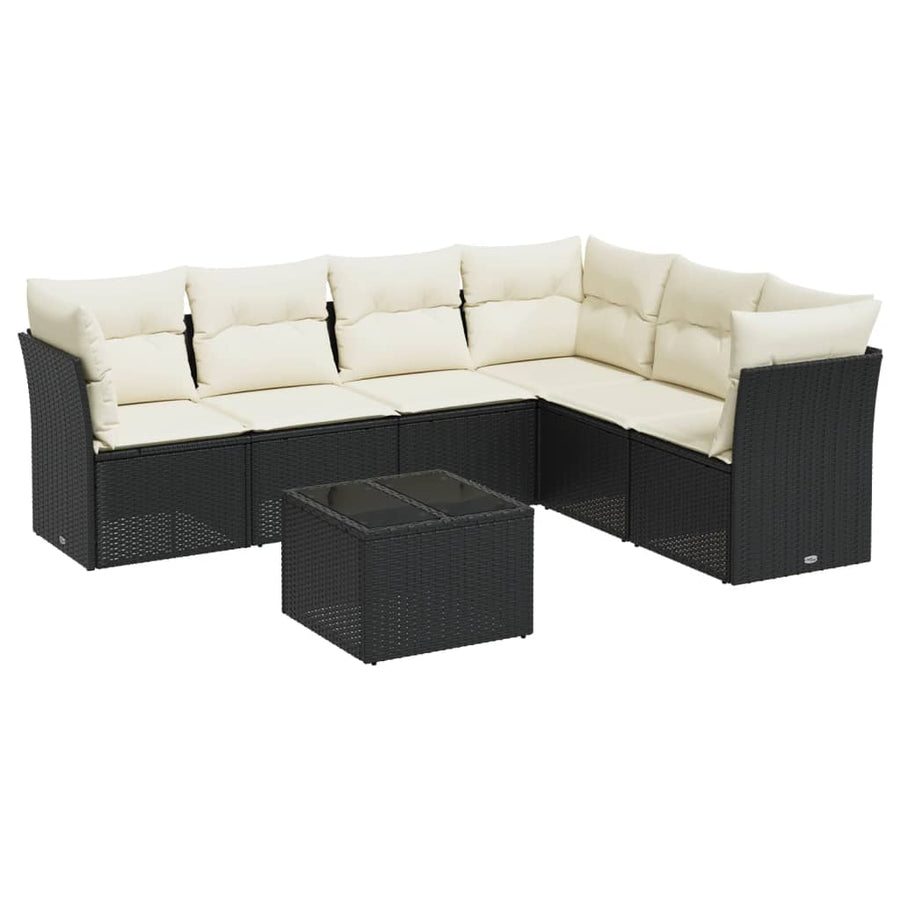 7-delige Loungeset met kussens poly rattan zwart 1 Zwart en crème