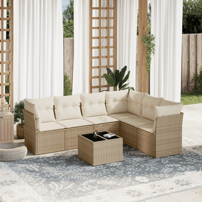 7-delige Loungeset met kussens poly rattan beige beige and cream Met tafel