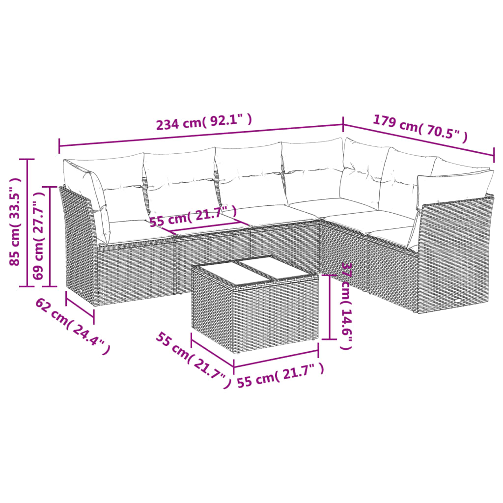 7-delige Loungeset met kussens poly rattan Beige en grijs Met tafel
