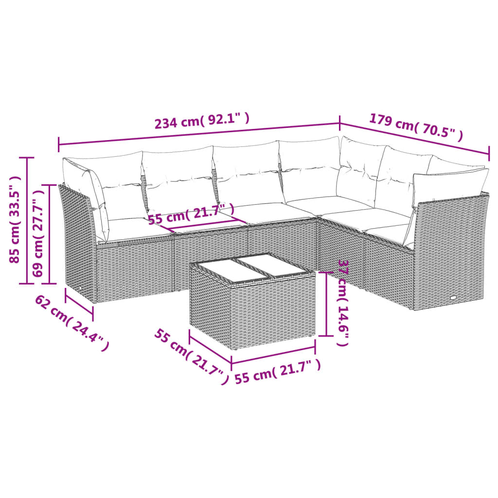 7-Delige Loungeset Met Kussens Poly Rattan Grijs Met tafel