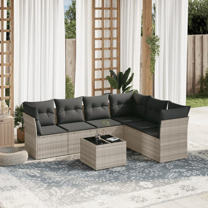 7-delige Loungeset met kussens poly rattan lichtgrijs