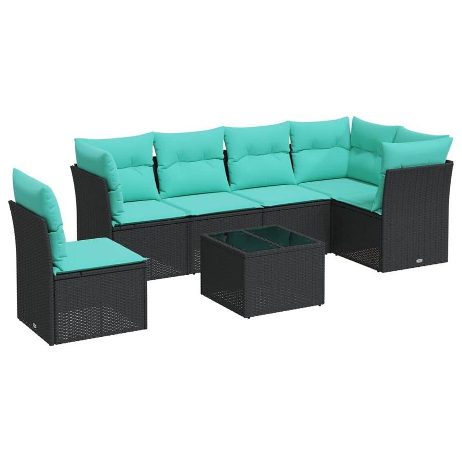 7-delige Loungeset met kussens poly rattan zwart Zwart Met tafel