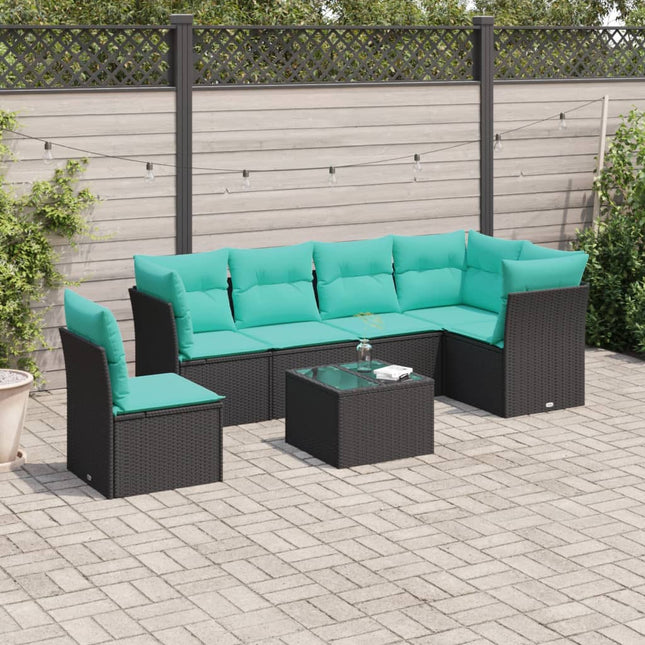 7-delige Loungeset met kussens poly rattan zwart Zwart Met tafel