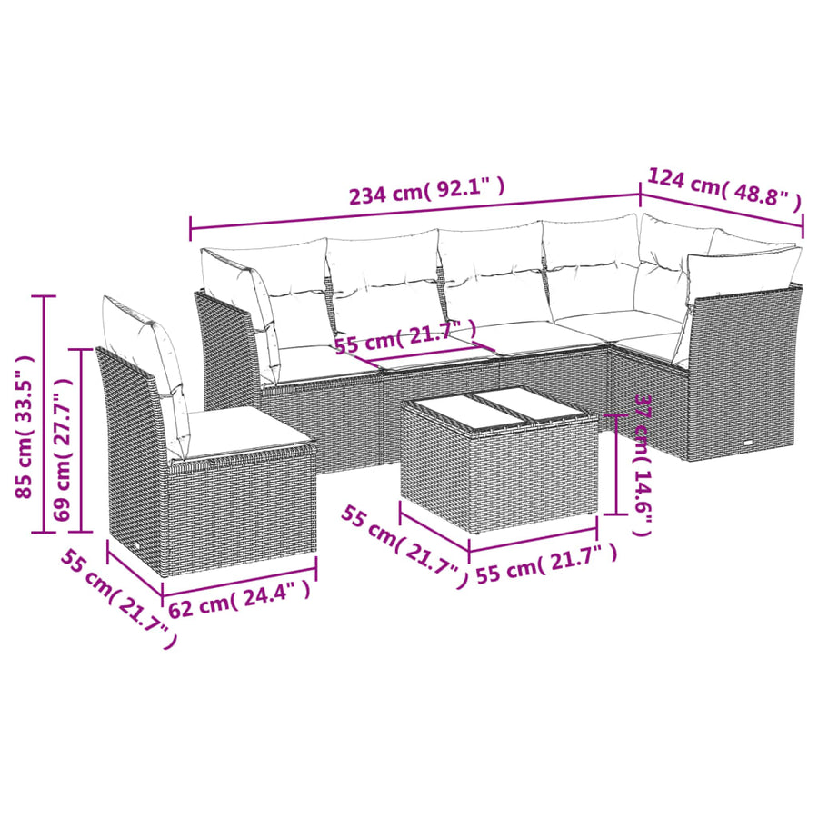 7-delige Loungeset met kussens poly rattan zwart