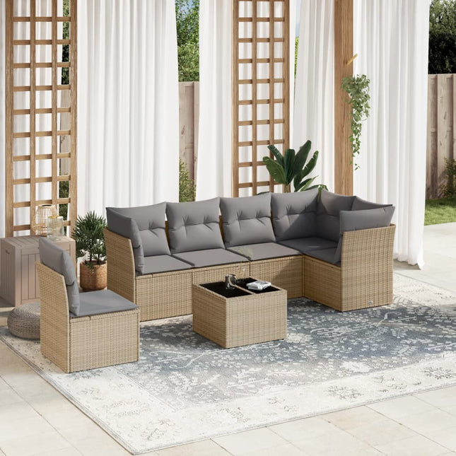 7-delige Loungeset met kussens poly rattan Beige en grijs Met tafel