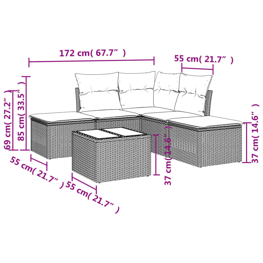 6-delige Loungeset met kussens poly rattan bruin