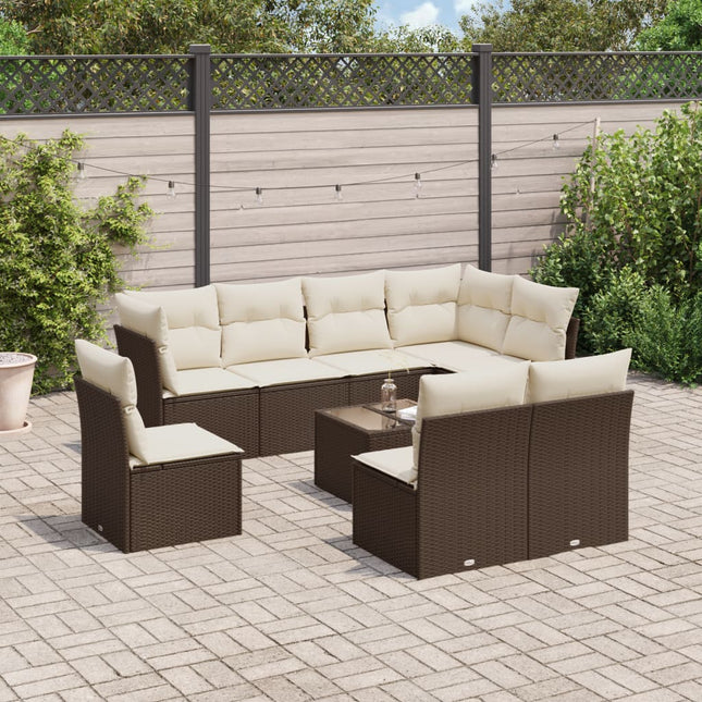 9-delige Loungeset met kussens poly rattan bruin