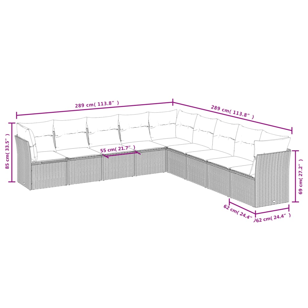 9-delige Loungeset met kussens poly rattan zwart 1 Zwart en crème