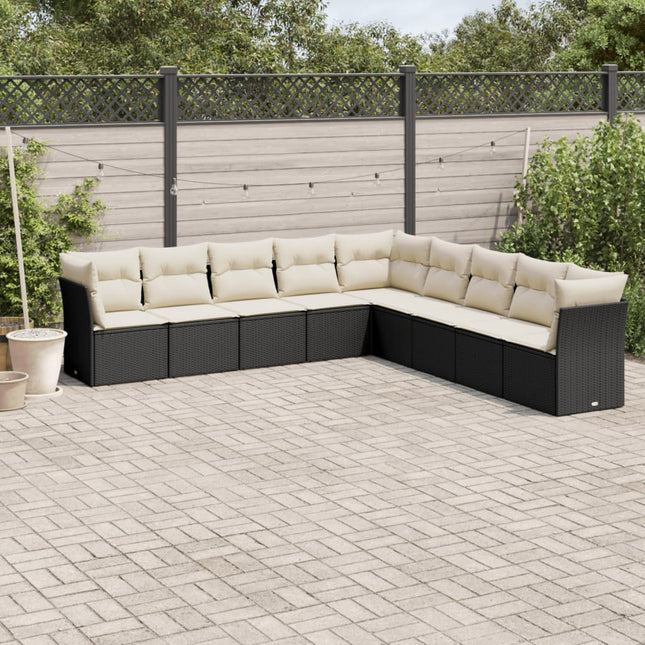 9-delige Loungeset met kussens poly rattan zwart 1 Zwart en crème