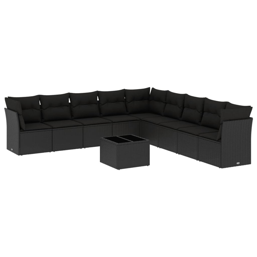 10-delige Loungeset met kussens poly rattan zwart Zwart Met tafel