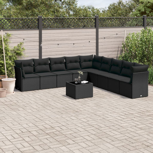 10-delige Loungeset met kussens poly rattan zwart Zwart Met tafel