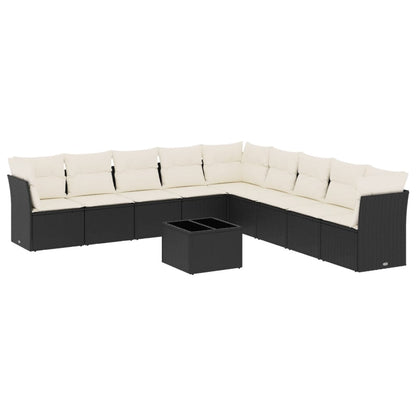 10-delige Loungeset met kussens poly rattan zwart Zwart en crème Met tafel