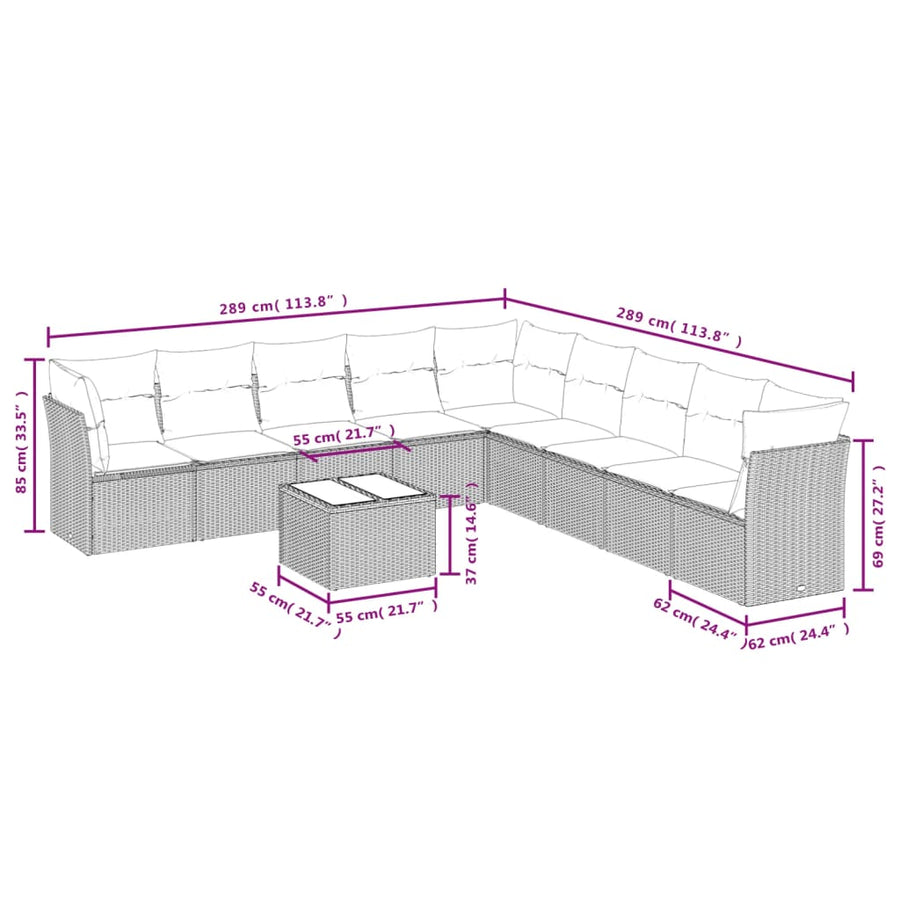 10-delige Loungeset met kussens poly rattan beige Beige en grijs