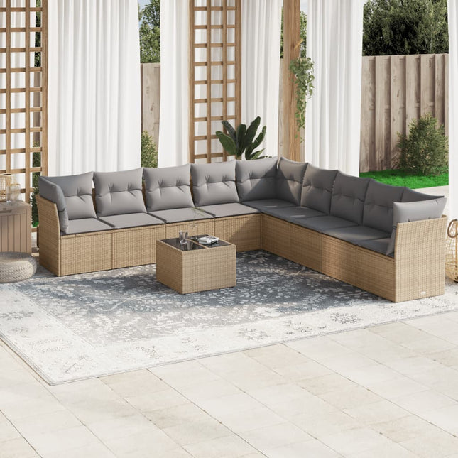 10-delige Loungeset met kussens poly rattan beige Beige en grijs