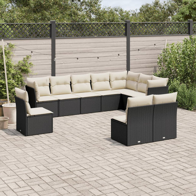 10-delige Loungeset met kussens poly rattan zwart Zwart en crème