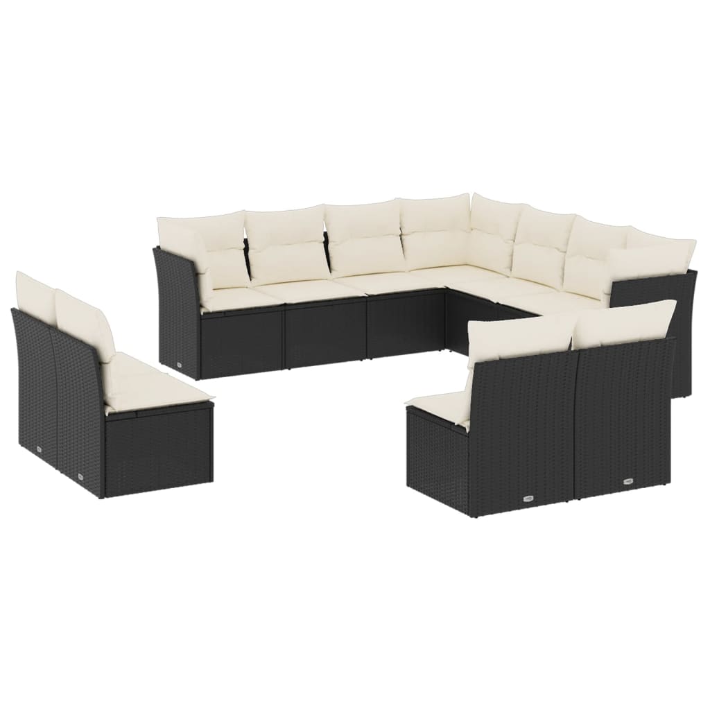 11-delige Loungeset met kussens poly rattan zwart Zwart en crème Zonder tafel