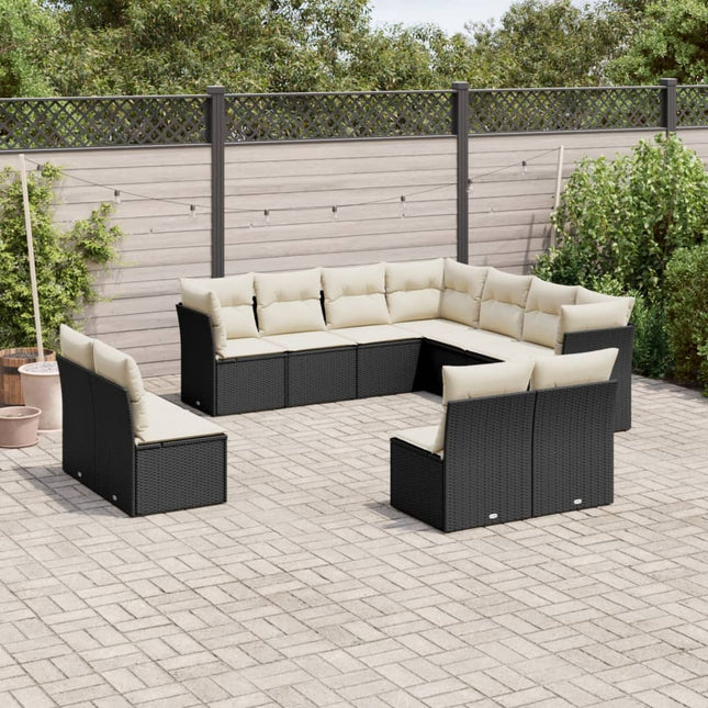 11-delige Loungeset met kussens poly rattan zwart Zwart en crème Zonder tafel