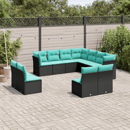 11-delige tuinbankset met kussens, zwart polyrotan