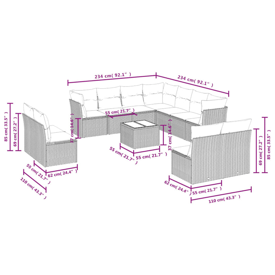 12-delige Loungeset met kussens poly rattan zwart Zwart en crème