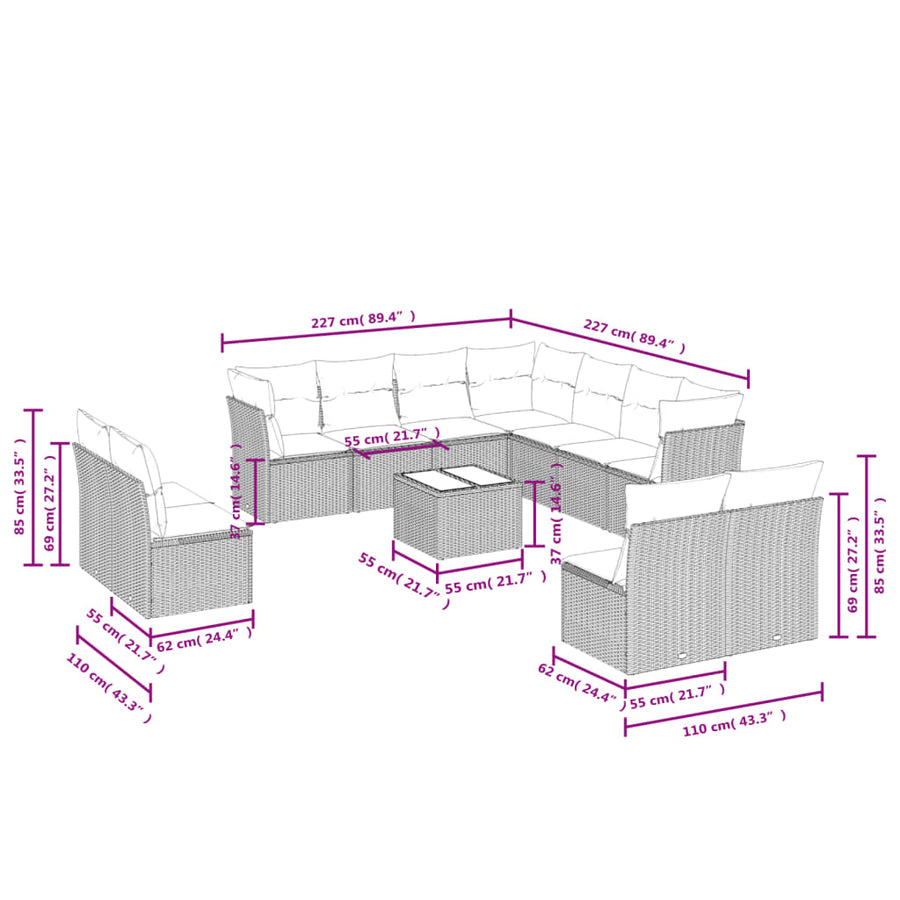 12-Delige Loungeset Met Kussens Poly Rattan Beige