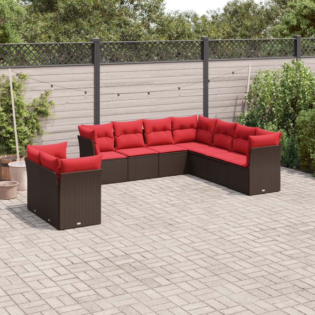 9-delige tuinbankset met kussens, bruin polyrotan