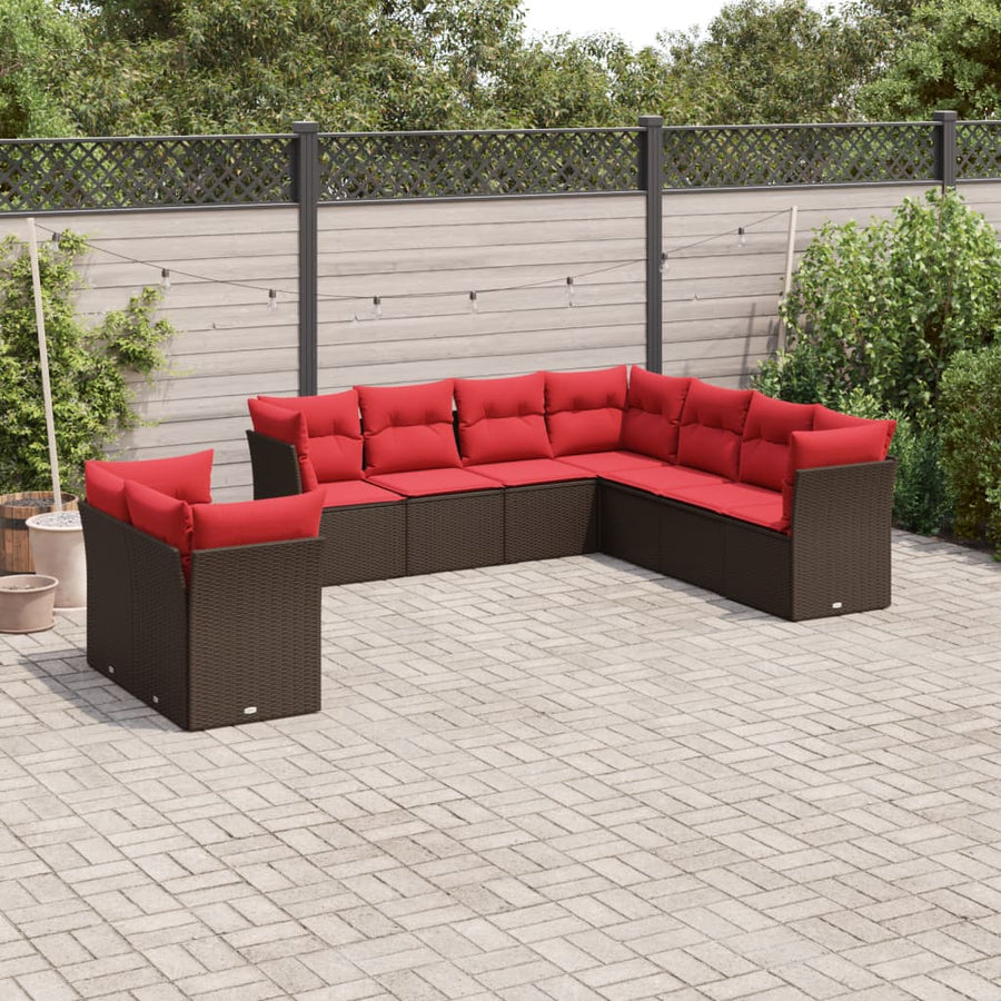 9-delige tuinbankset met kussens, bruin polyrotan