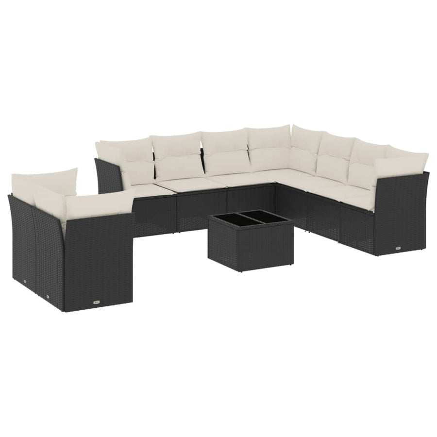 10-delige Loungeset met kussens poly rattan zwart Zwart en crème