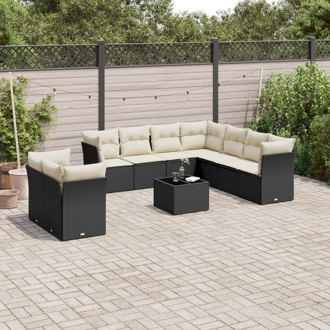 10-delige Loungeset met kussens poly rattan zwart Zwart en crème