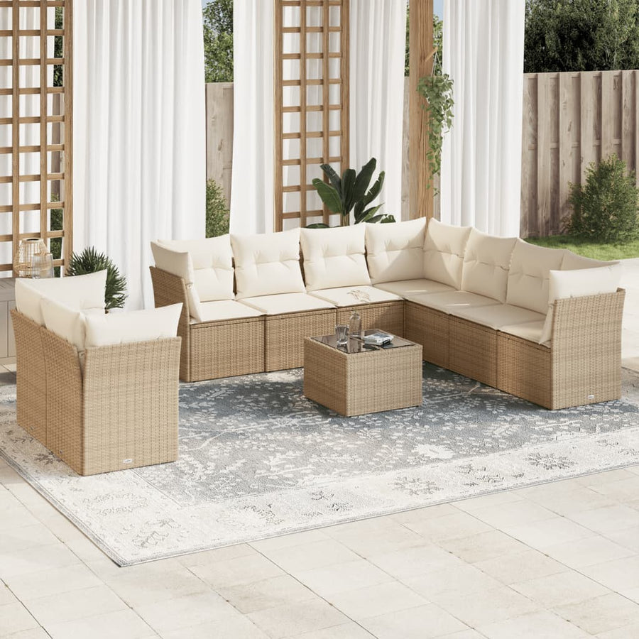 10-Delige Loungeset Met Kussens Poly Rattan Beige Blauw