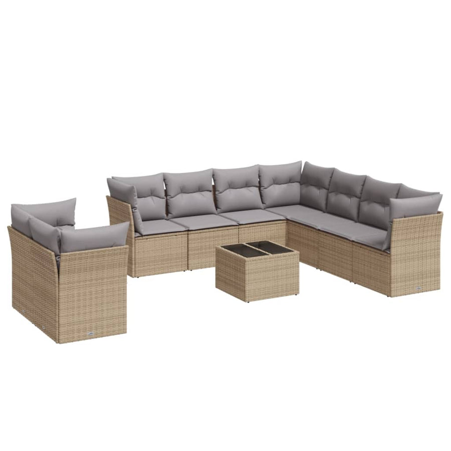 10-delige Loungeset met kussens poly rattan beige Beige en grijs Zonder tafel