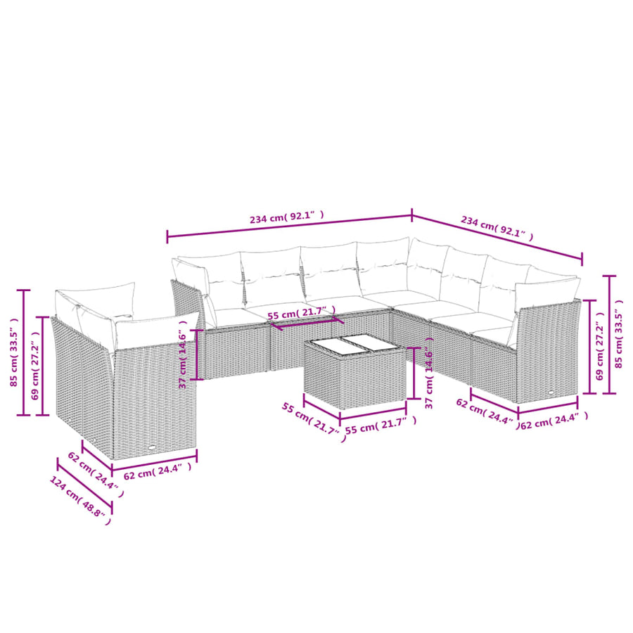 10-delige Loungeset met kussens poly rattan beige Beige en grijs Zonder tafel