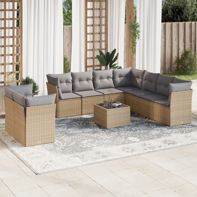 10-delige Loungeset met kussens poly rattan beige Beige en grijs Zonder tafel