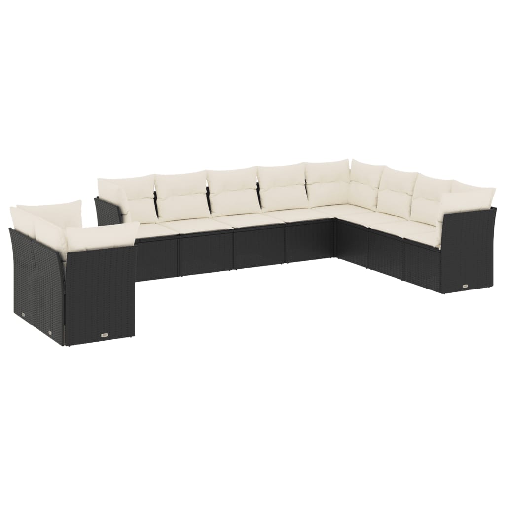 10-delige Loungeset met kussens poly rattan zwart Zwart en crème Zonder tafel