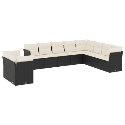 10-delige Loungeset met kussens poly rattan zwart Zwart en crème Zonder tafel