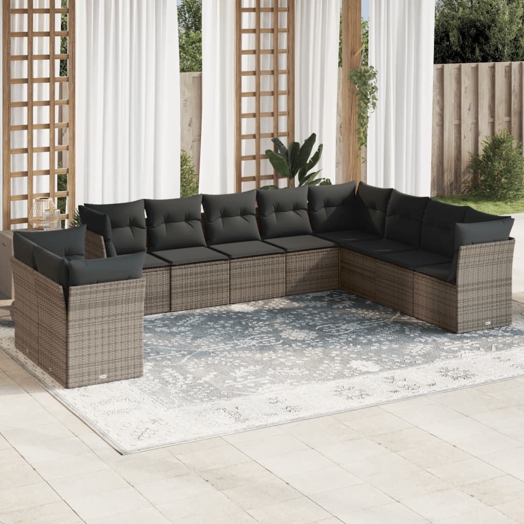 10-Delige Loungeset Met Kussens Poly Rattan Beige Blauw