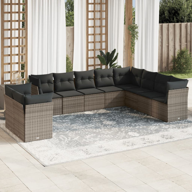 10-delige Loungeset met kussens poly rattan grijs Grijs Zonder tafel