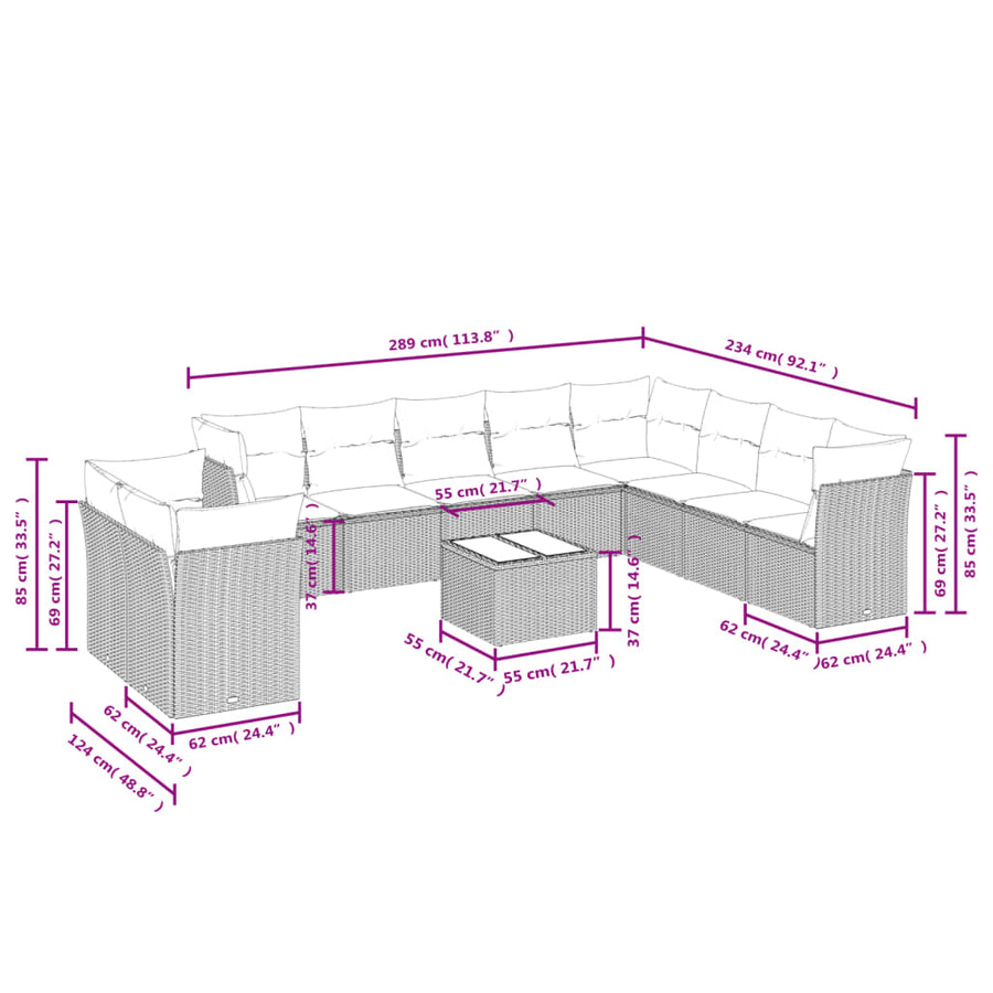 11-Delige Loungeset Met Kussens Poly Rattan Zwart