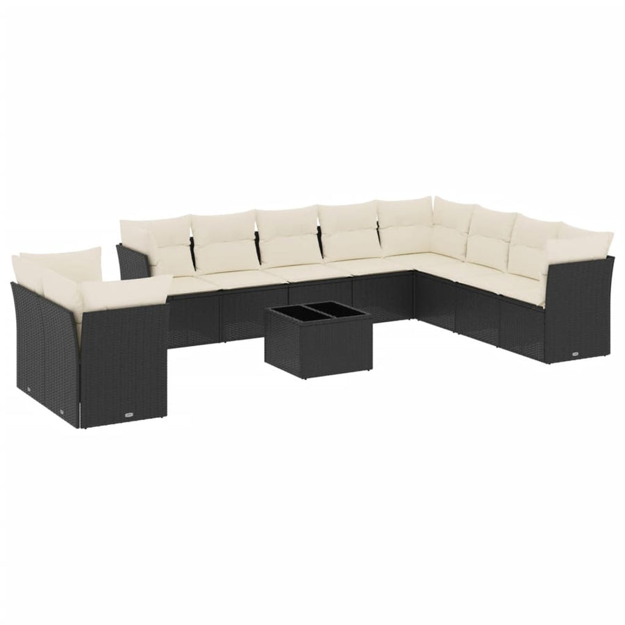 11-delige Loungeset met kussens poly rattan zwart Zwart en crème