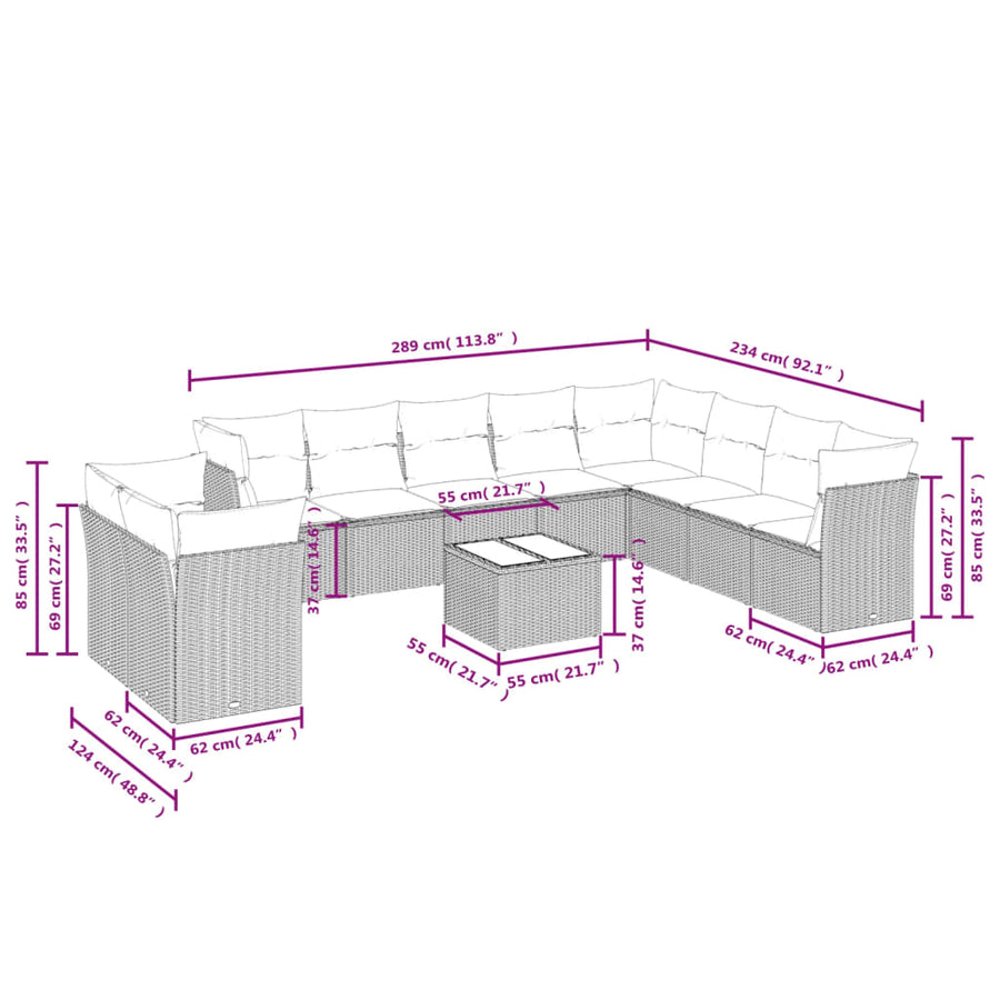 11-delige tuinbankset met kussens, zwart polyrotan
