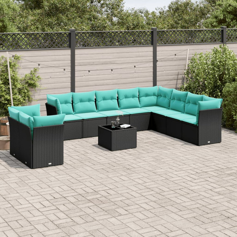 11-delige tuinbankset met kussens, zwart polyrotan