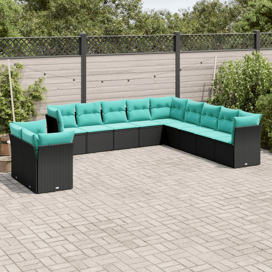 11-delige tuinbankset met kussens, zwart polyrotan