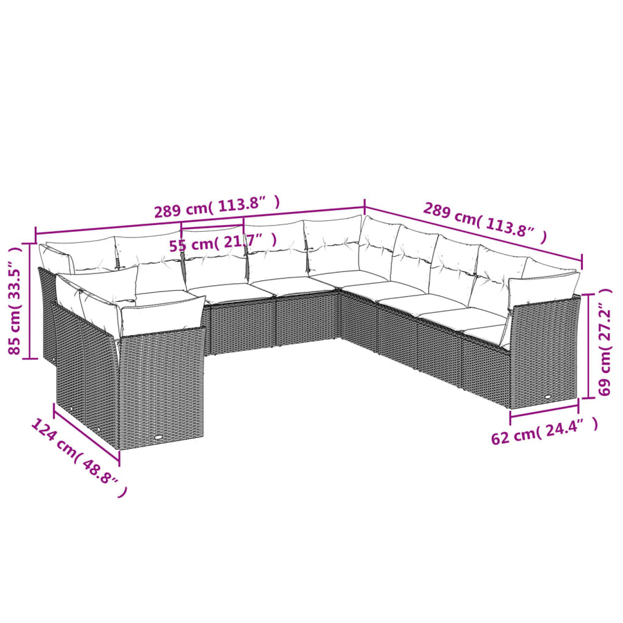11-delige Loungeset met kussens poly rattan bruin Bruin en crème Zonder tafel
