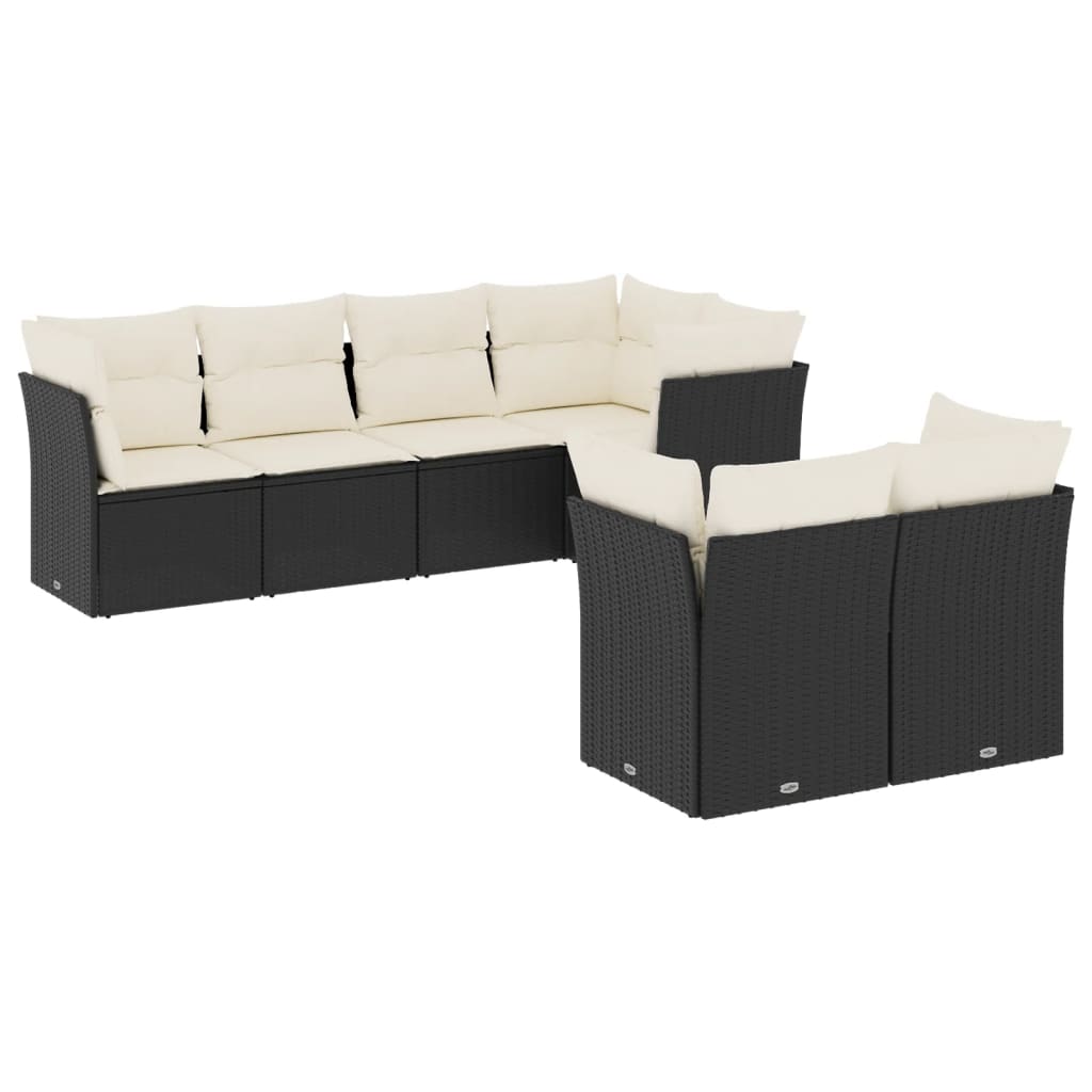 7-delige Loungeset met kussens poly rattan zwart Zwart en crème