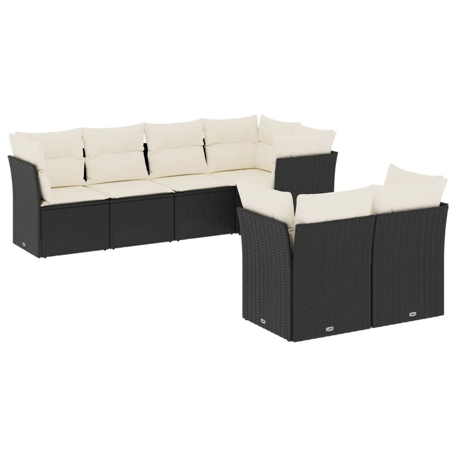 7-delige Loungeset met kussens poly rattan zwart Zwart en crème
