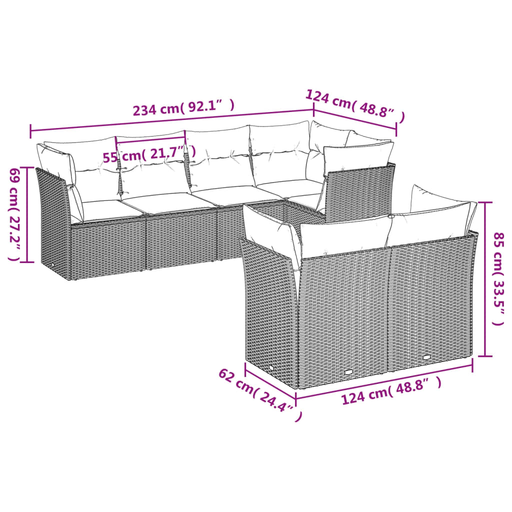 7-delige Loungeset met kussens poly rattan zwart Zwart en crème