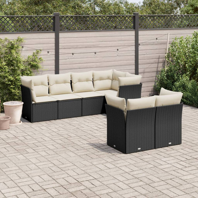 7-delige Loungeset met kussens poly rattan zwart Zwart en crème